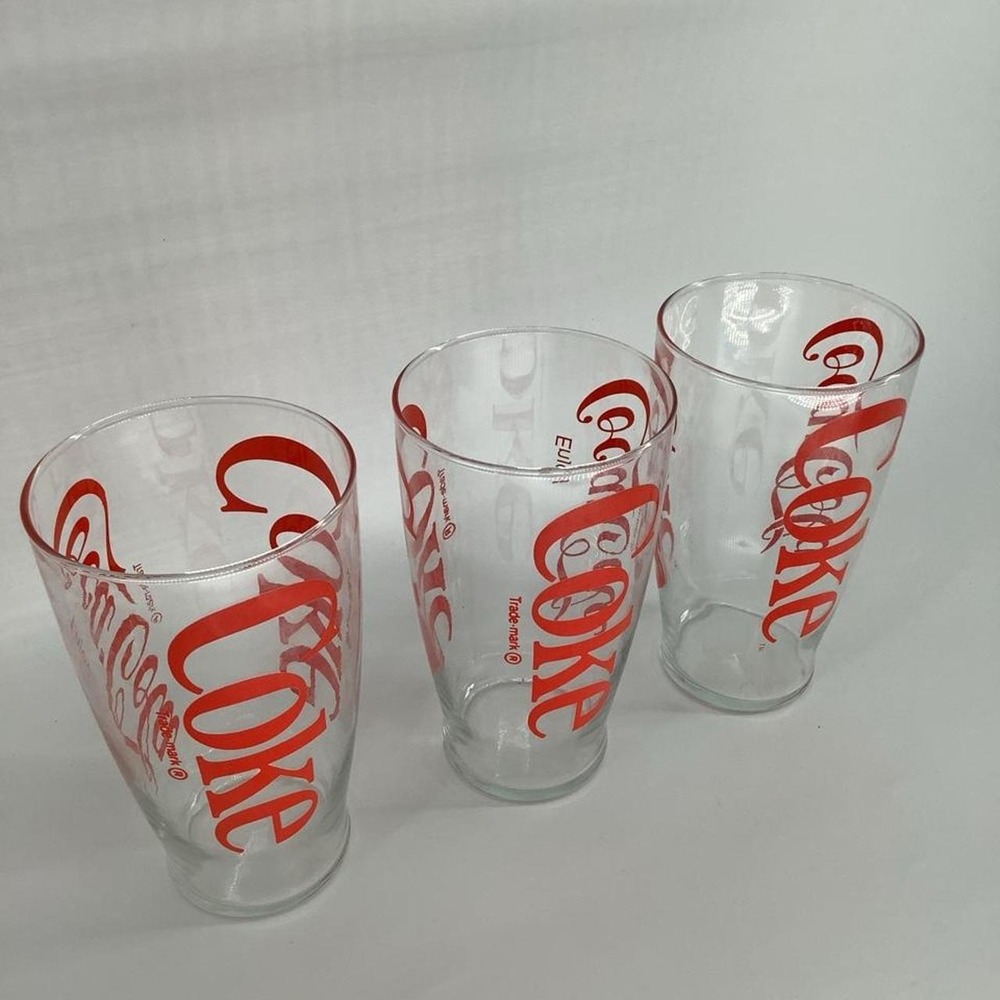 Vintage Coca-Cola Red Logo Pint Glasses Set of 3 Clear Soda Fountain Tumblers